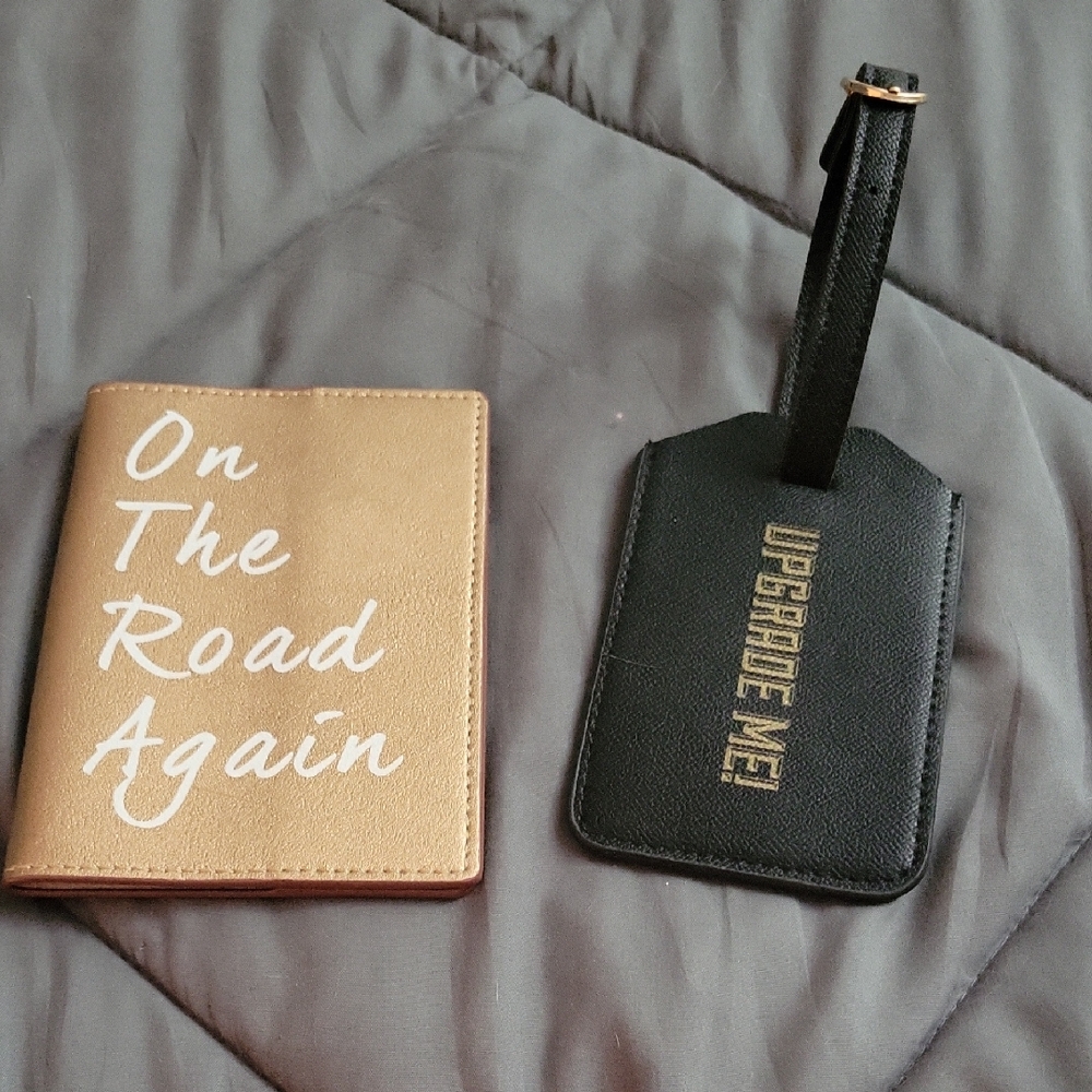 On The Road Again Brown Passport Holder and Black Luggage Tag Set